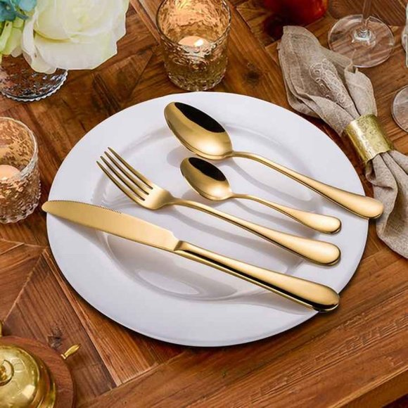 Perfect Holiday Gift 24-Piece Gold Forged Stainless Steel Flatware Set, Service - Picture 6 of 14